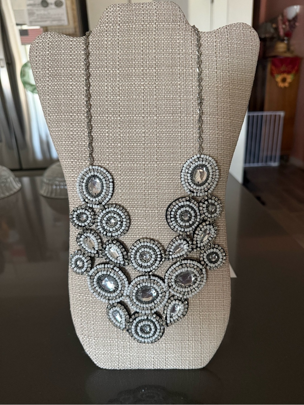 Silver and White Crystal Statement Bib Necklace